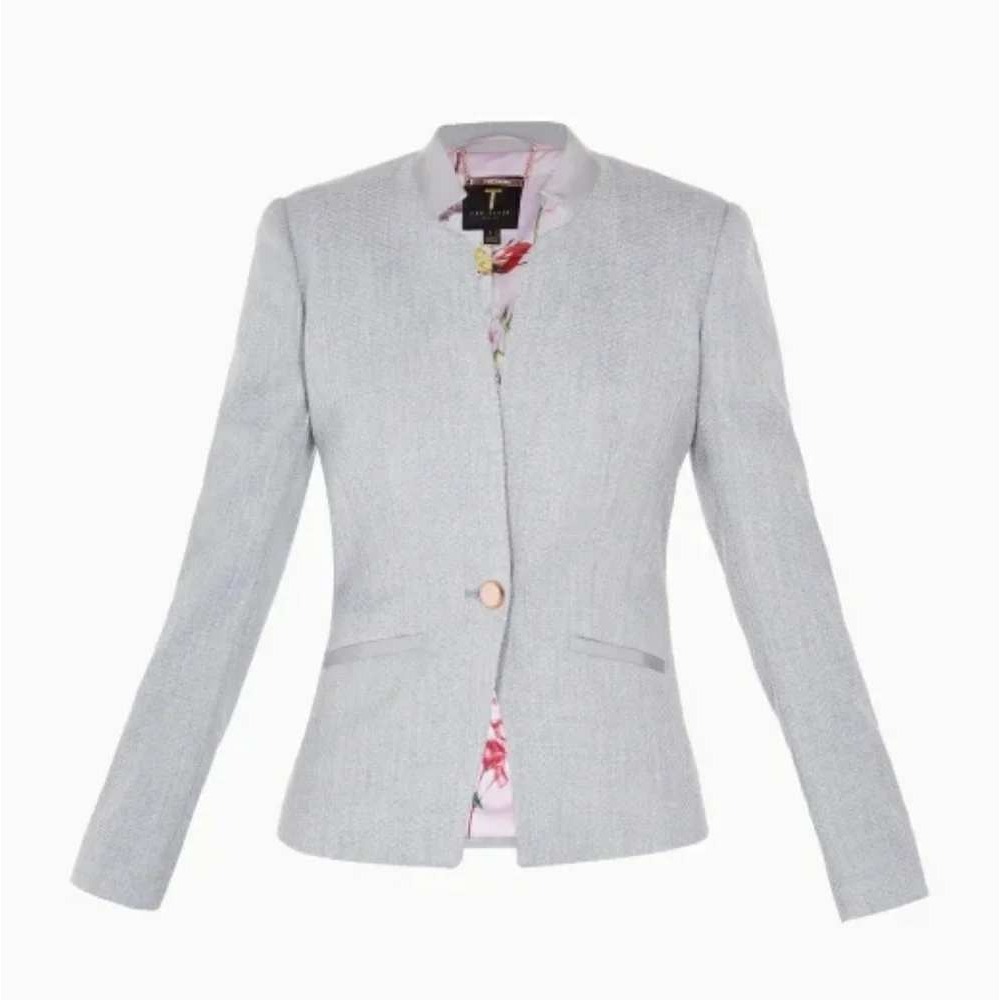 Ted Baker London‎ Daizi Grey Blazer Rose Gold Button Floral Lining Sz 4 US 10